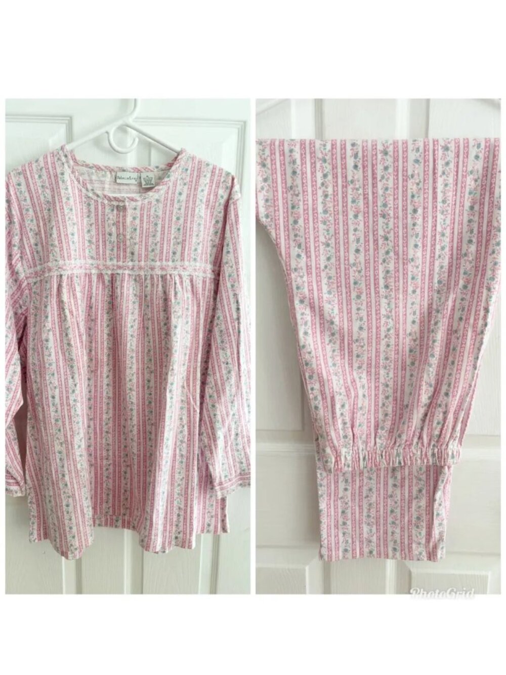 VTG REBECCA LYNN 100% Cotton 2 Piece Flannel Pajama Set Pink Blue Floral SZ XL